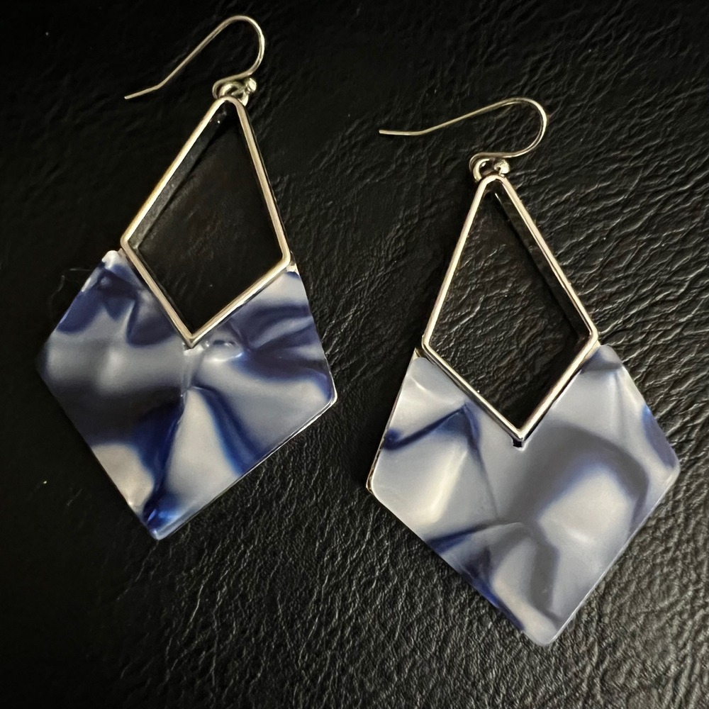 Silver Blue Marbled Resin Geometric Rhombus Dangle Earrings One Size Eclectic